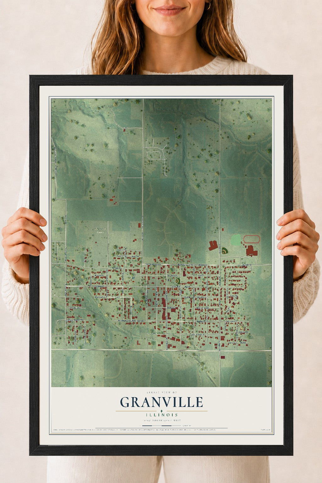Map of Granville, Illinois, 18 x 24 inch print in a black wood frame