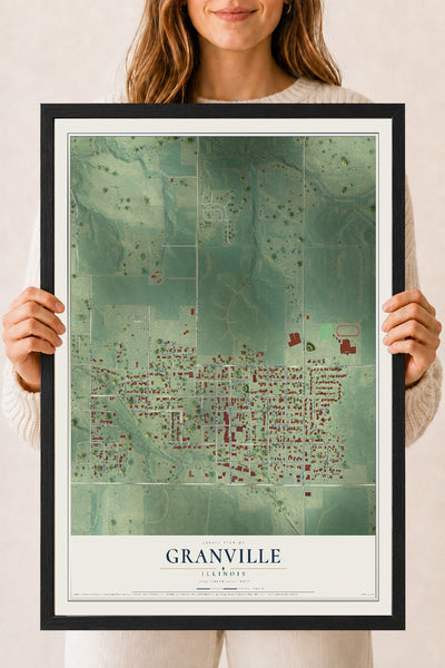 Map of Granville, Illinois, 18 x 24 inch print in a black wood frame