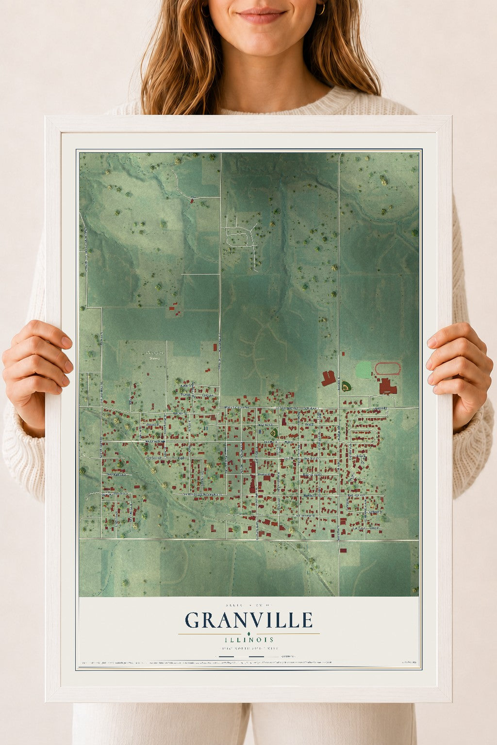 Map of Granville, Illinois, 18 x 24 inch print in a white wood frame
