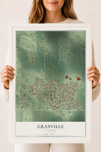 Map of Granville, Illinois, 18 x 24 inch print in a white wood frame