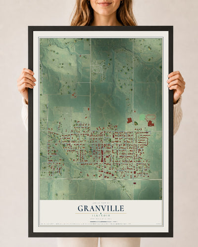 Map of Granville, Illinois, 24 x 36 inch print in a black wood frame