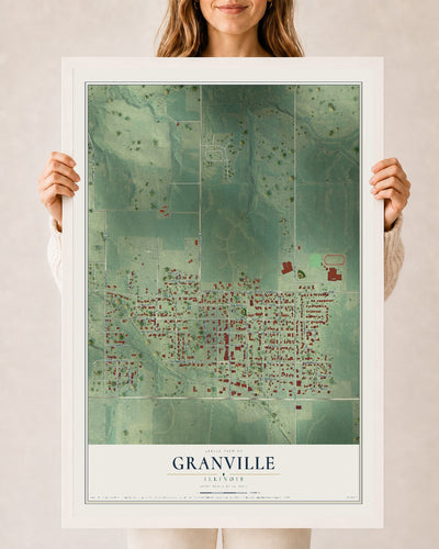 Map of Granville, Illinois, 24 x 36 inch print in a white wood frame