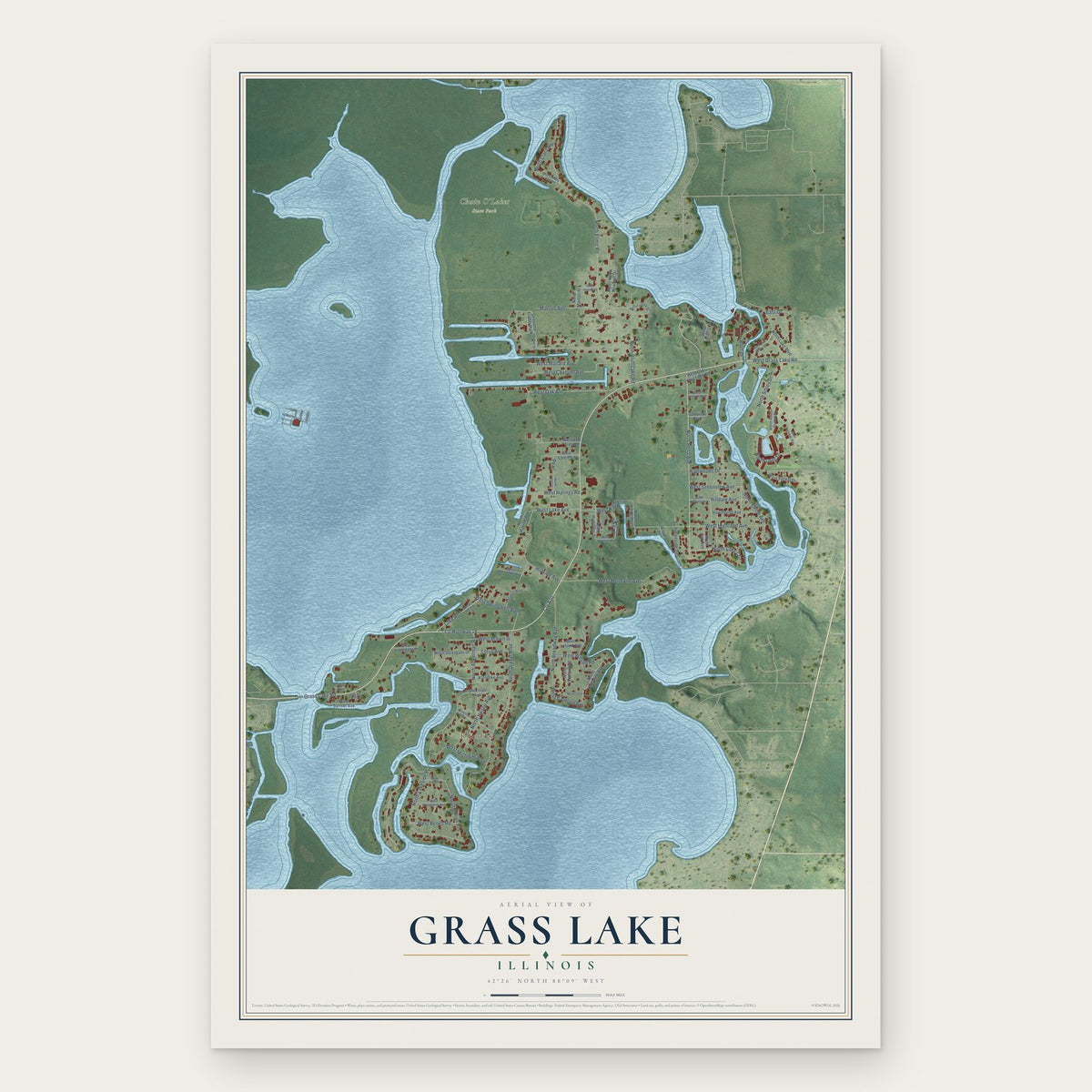 Grass Lake, Illinois map print, the full design
