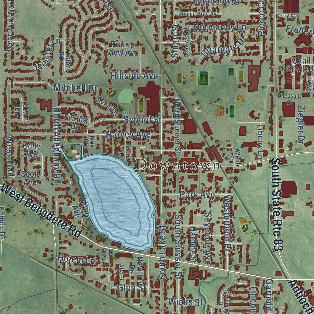 Close-up of the map of Grayslake, Illinois print showing street and building detail