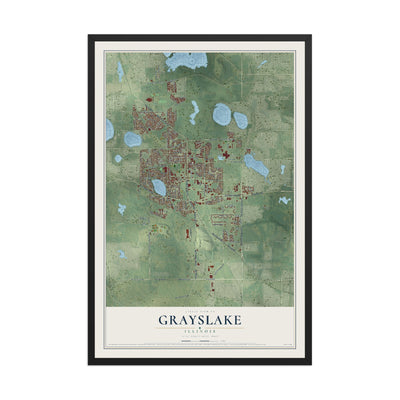 Map of Grayslake, Illinois, 12 x 18 inch print in a black wood frame