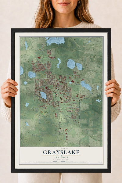 Map of Grayslake, Illinois, 18 x 24 inch print in a black wood frame