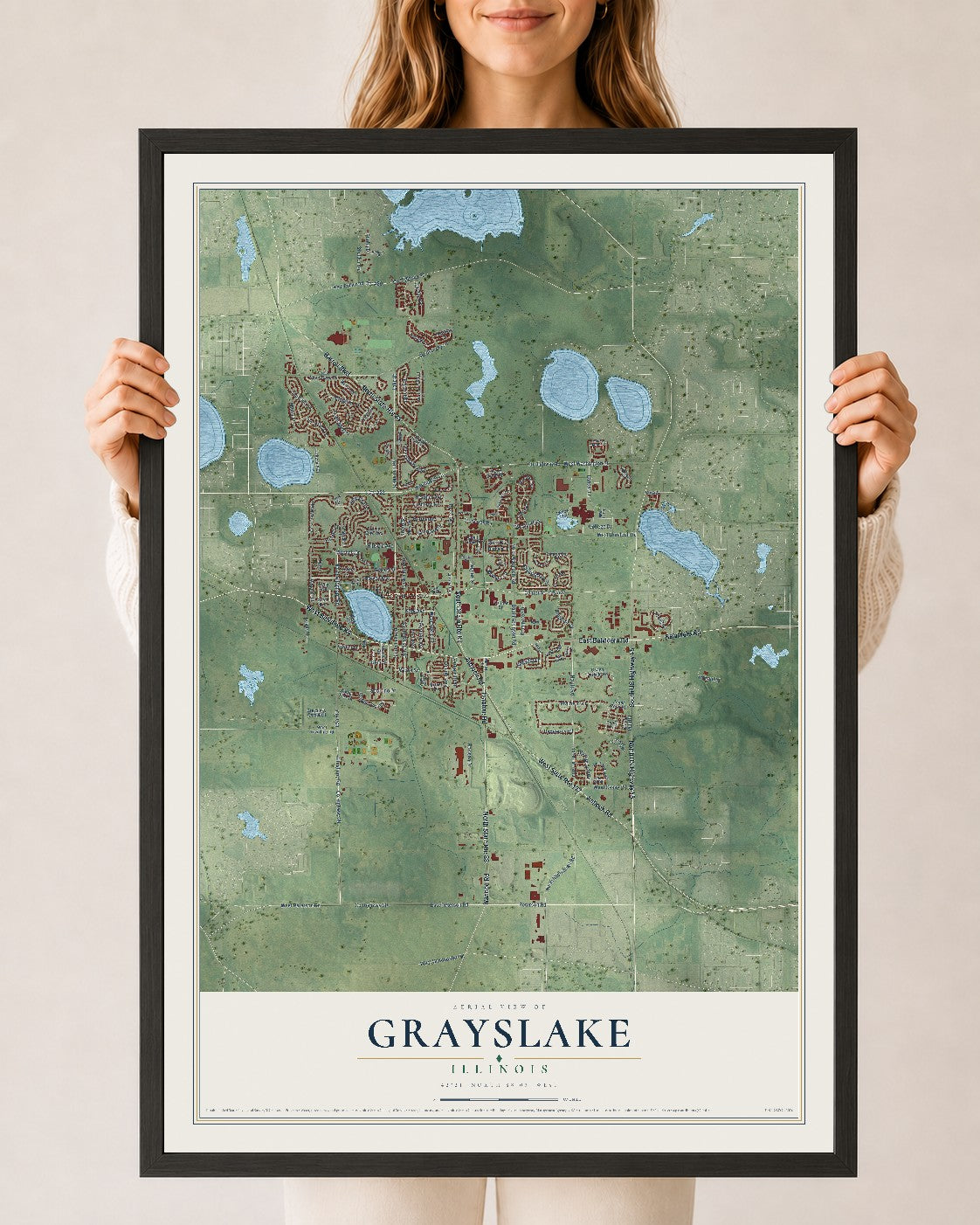 Map of Grayslake, Illinois, 24 x 36 inch print in a black wood frame