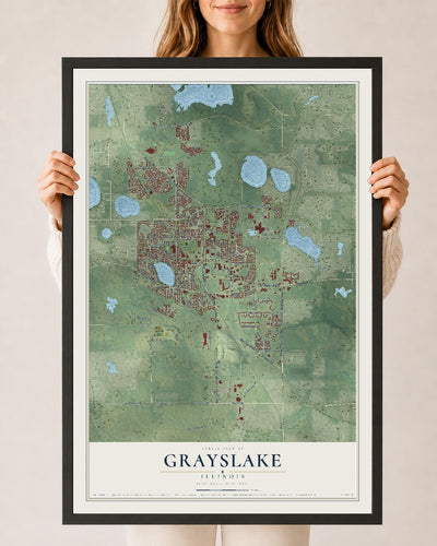 Map of Grayslake, Illinois, 24 x 36 inch print in a black wood frame