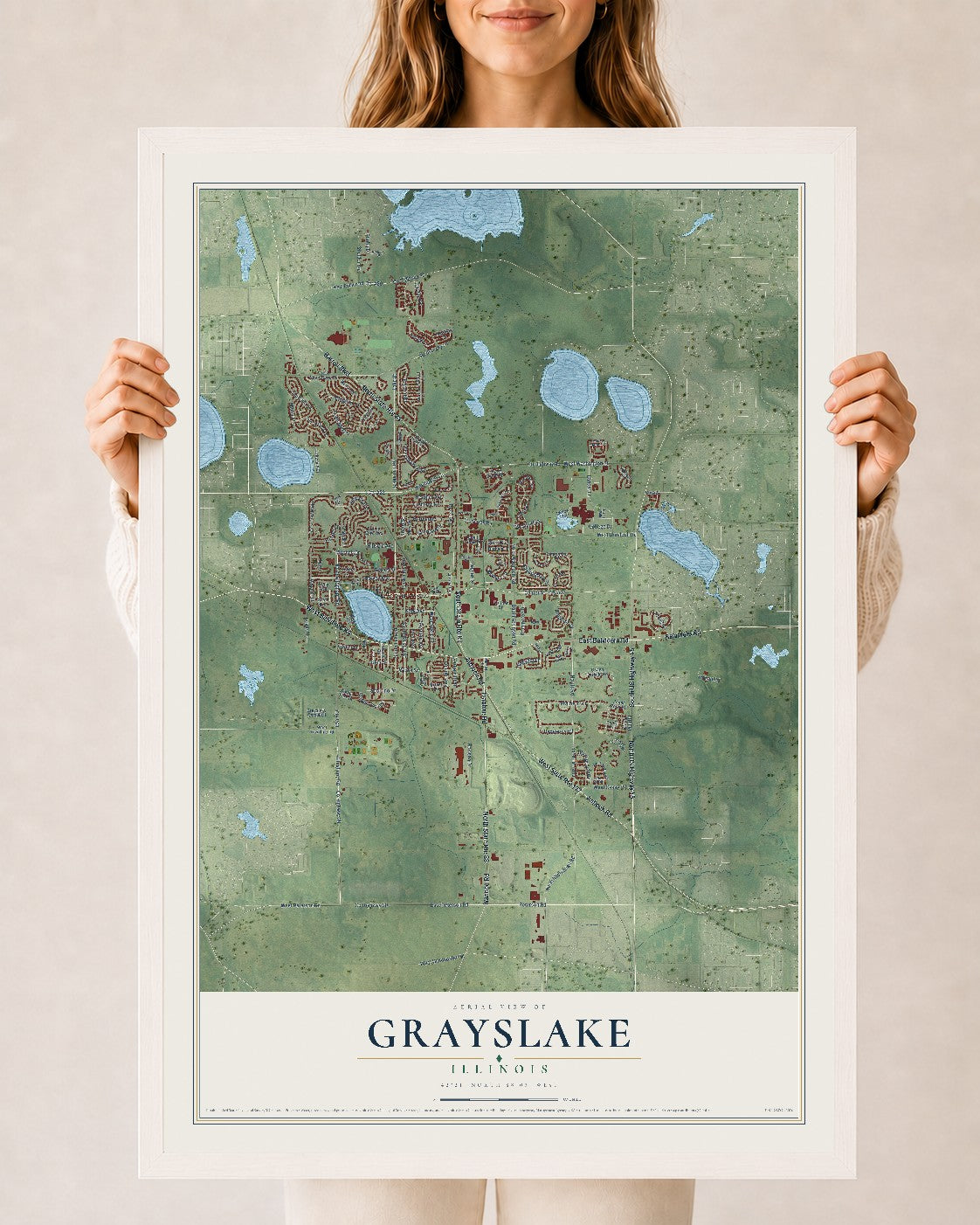 Map of Grayslake, Illinois, 24 x 36 inch print in a white wood frame