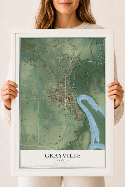 Map of Grayville, Illinois, 18 x 24 inch print in a white wood frame