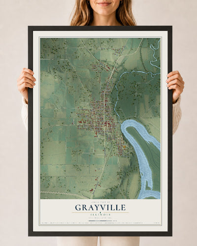 Map of Grayville, Illinois, 24 x 36 inch print in a black wood frame