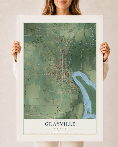 Map of Grayville, Illinois, 24 x 36 inch print in a white wood frame