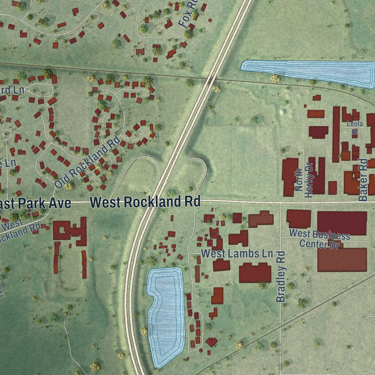 Close-up of the map of Green Oaks, Illinois print showing street and building detail