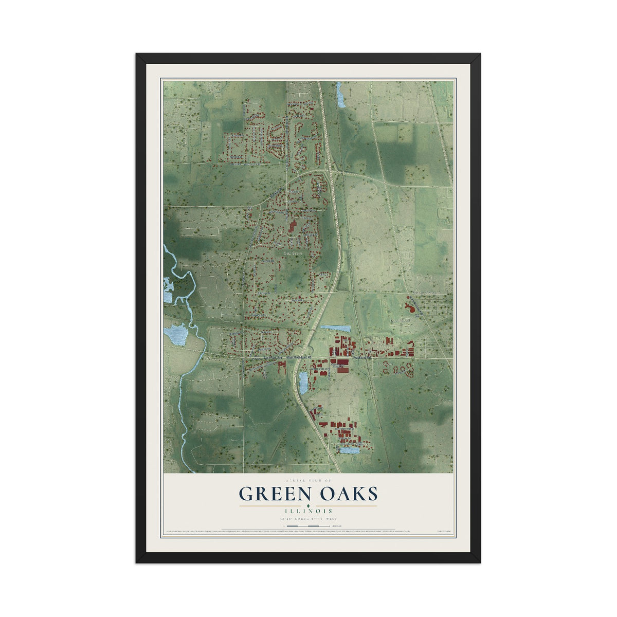 Map of Green Oaks, Illinois, 12 x 18 inch print in a black wood frame