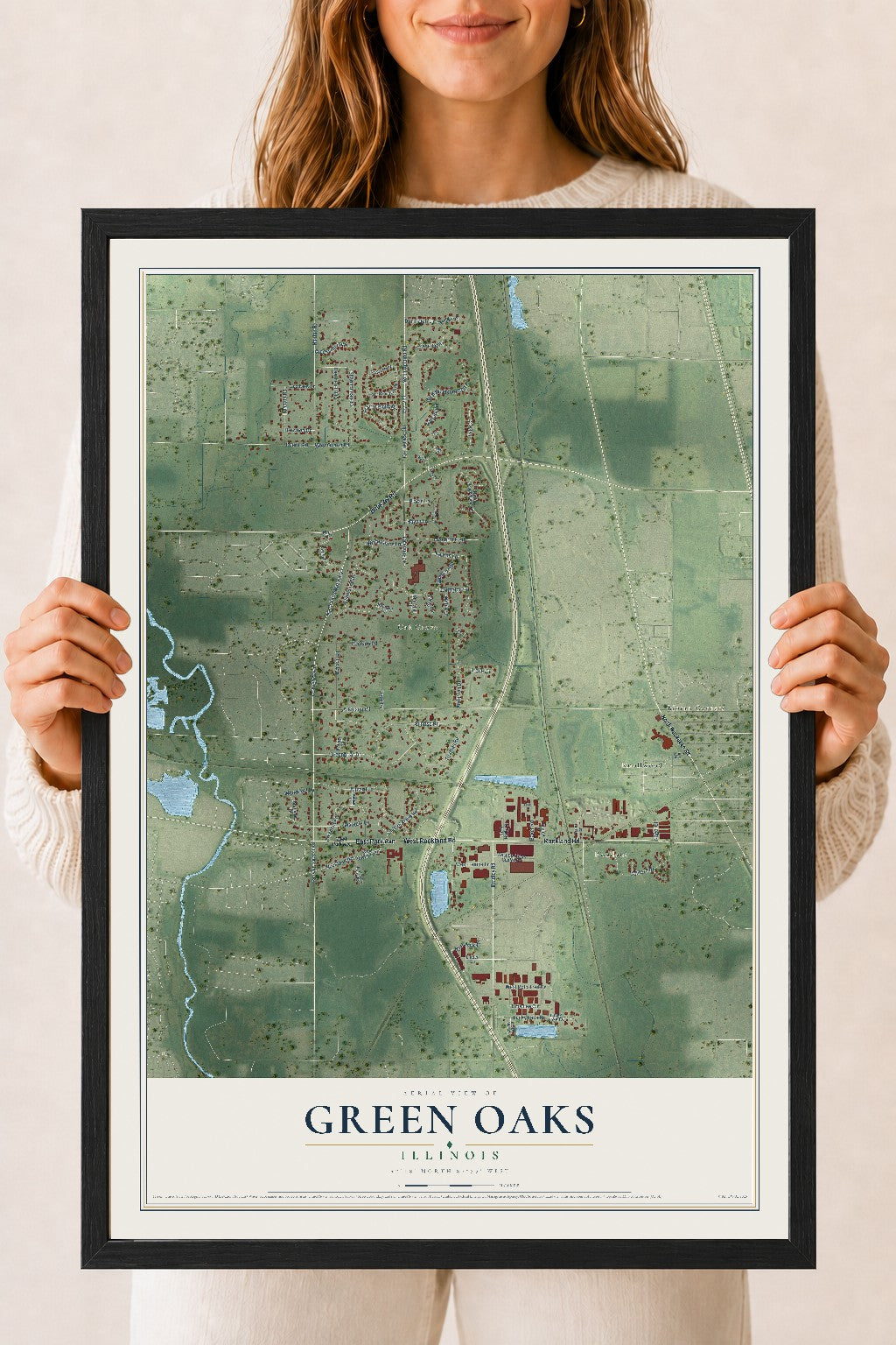 Map of Green Oaks, Illinois, 18 x 24 inch print in a black wood frame
