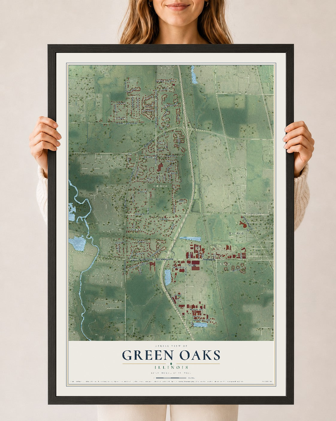 Map of Green Oaks, Illinois, 24 x 36 inch print in a black wood frame