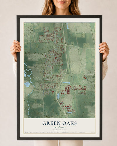 Map of Green Oaks, Illinois, 24 x 36 inch print in a black wood frame