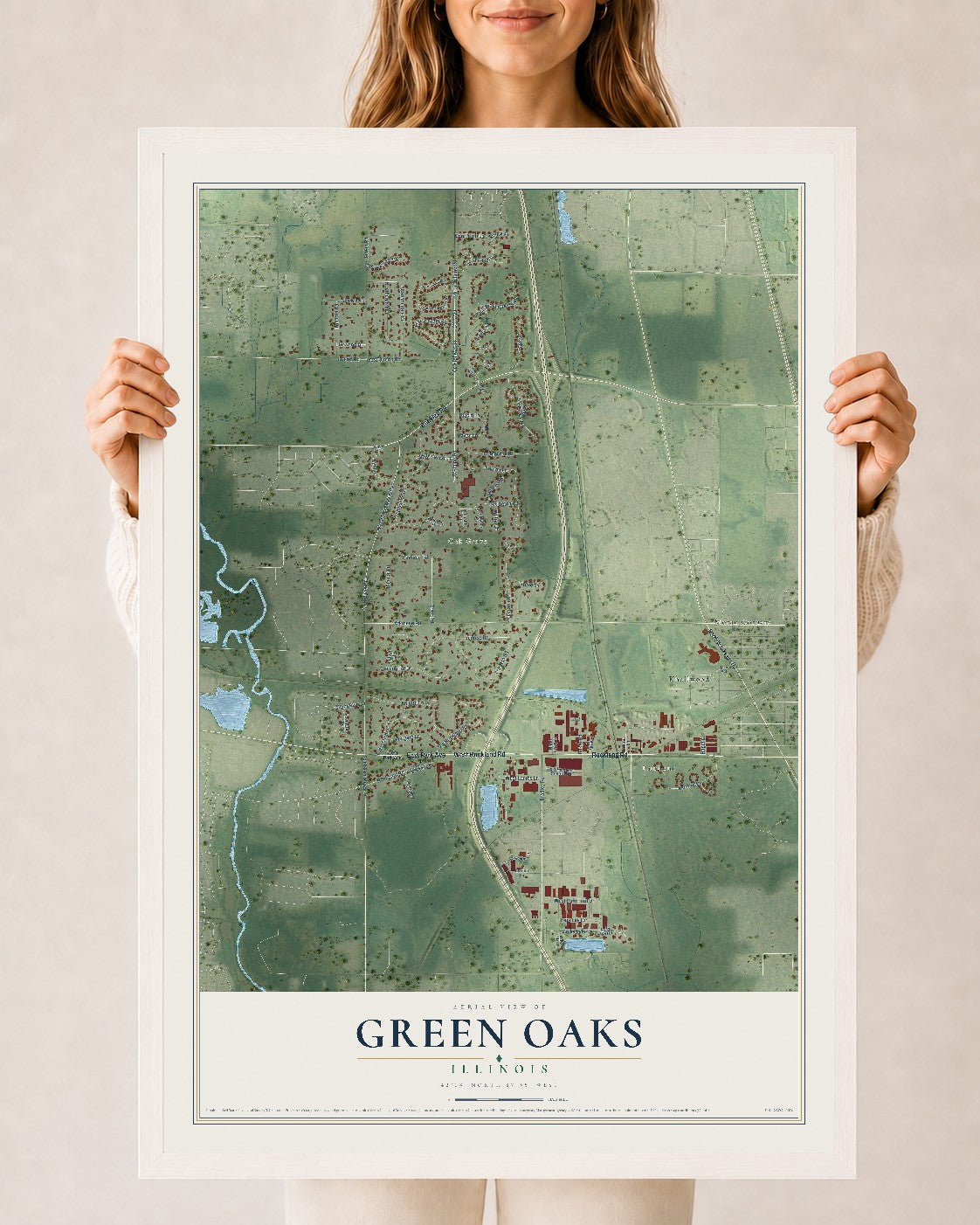 Map of Green Oaks, Illinois, 24 x 36 inch print in a white wood frame