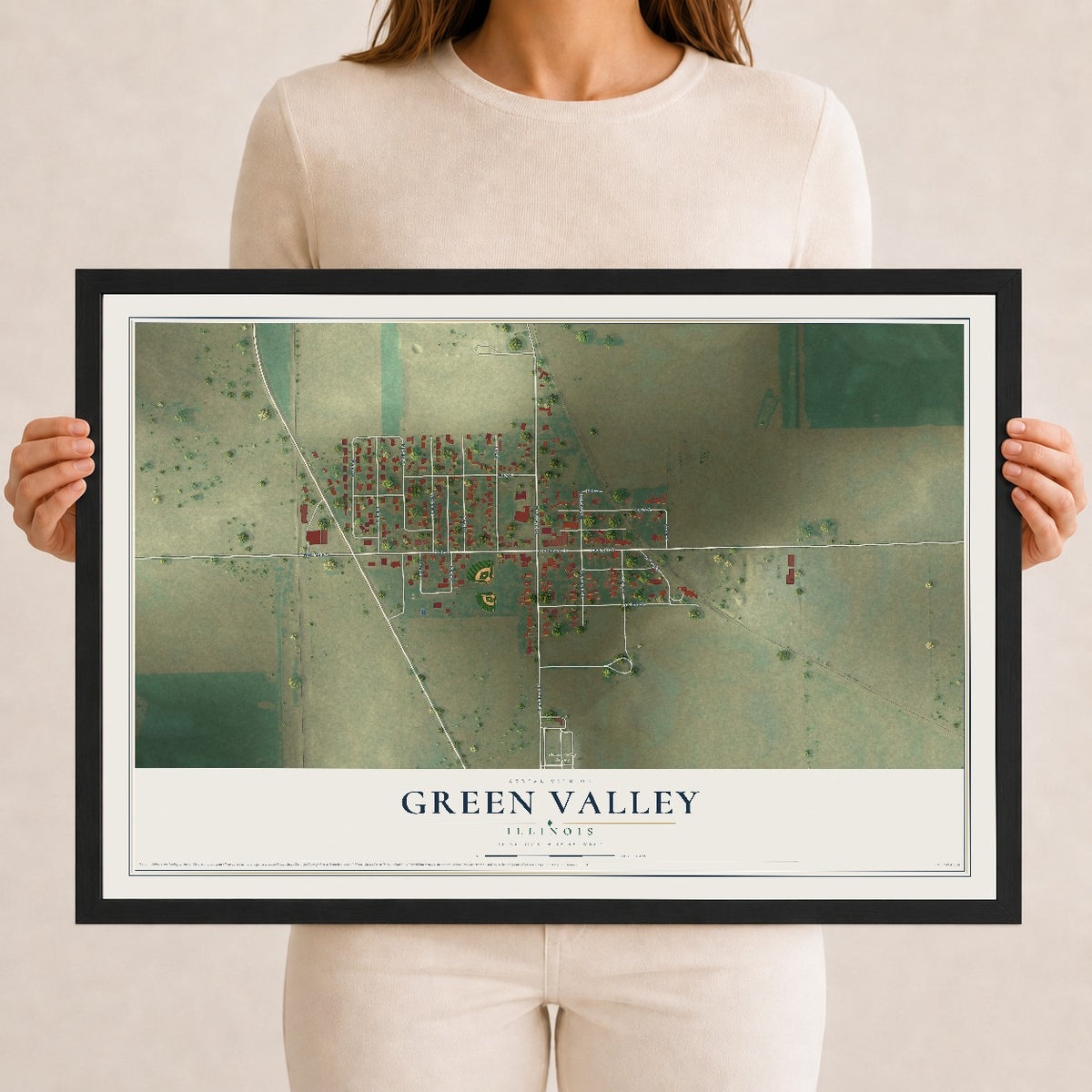 Map of Green Valley, Illinois, 12 x 18 inch print in a black wood frame