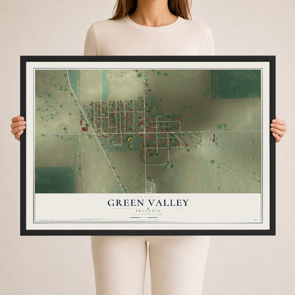 Map of Green Valley, Illinois, 24 x 36 inch print in a black wood frame