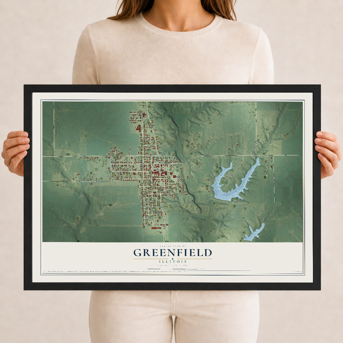 Map of Greenfield, Illinois, 12 x 18 inch print in a black wood frame