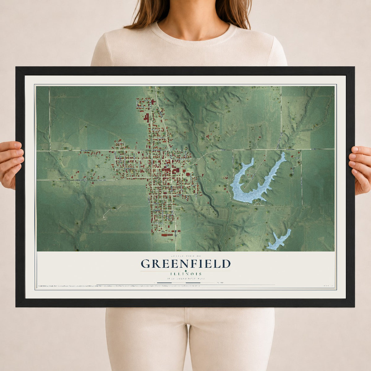 Map of Greenfield, Illinois, 18 x 24 inch print in a black wood frame