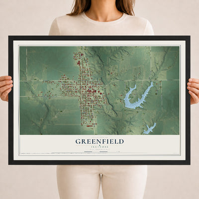 Map of Greenfield, Illinois, 18 x 24 inch print in a black wood frame