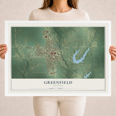 Map of Greenfield, Illinois, 18 x 24 inch print in a white wood frame