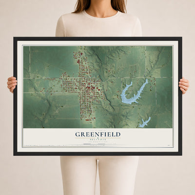 Map of Greenfield, Illinois, 24 x 36 inch print in a black wood frame