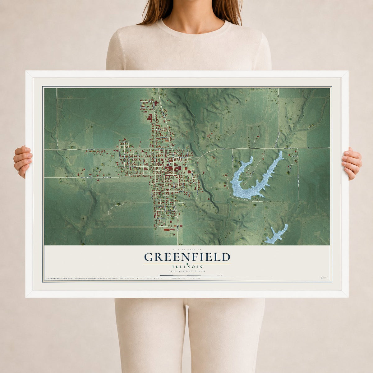 Map of Greenfield, Illinois, 24 x 36 inch print in a white wood frame