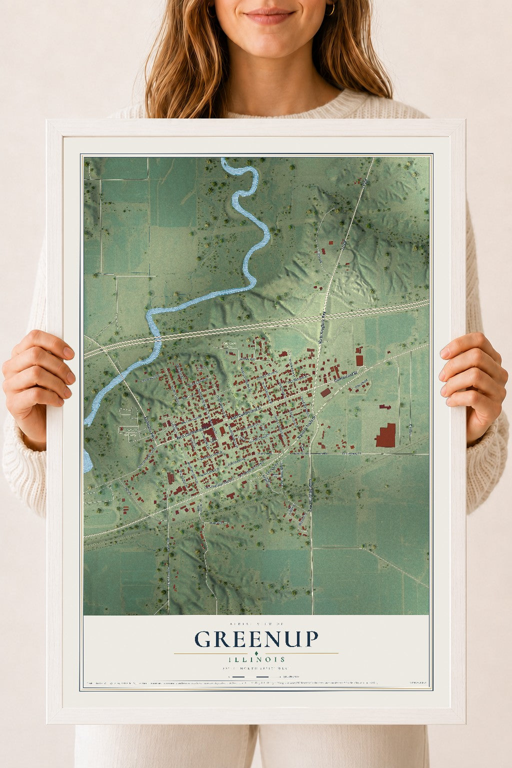 Map of Greenup, Illinois, 18 x 24 inch print in a white wood frame