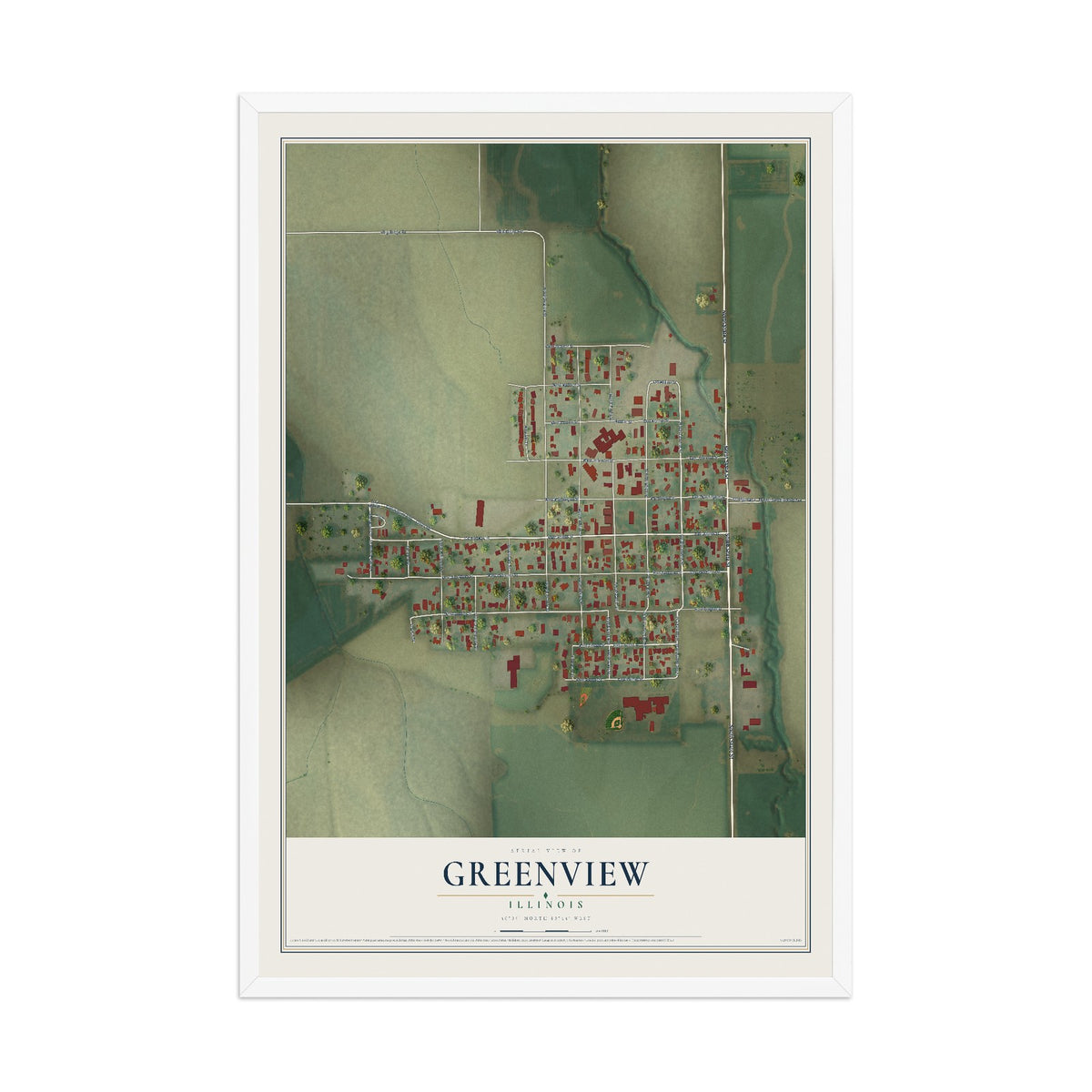 Map of Greenview, Illinois, 12 x 18 inch print in a white wood frame