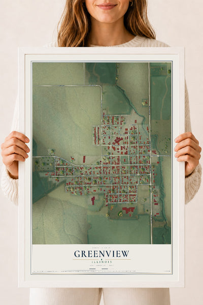 Map of Greenview, Illinois, 18 x 24 inch print in a white wood frame