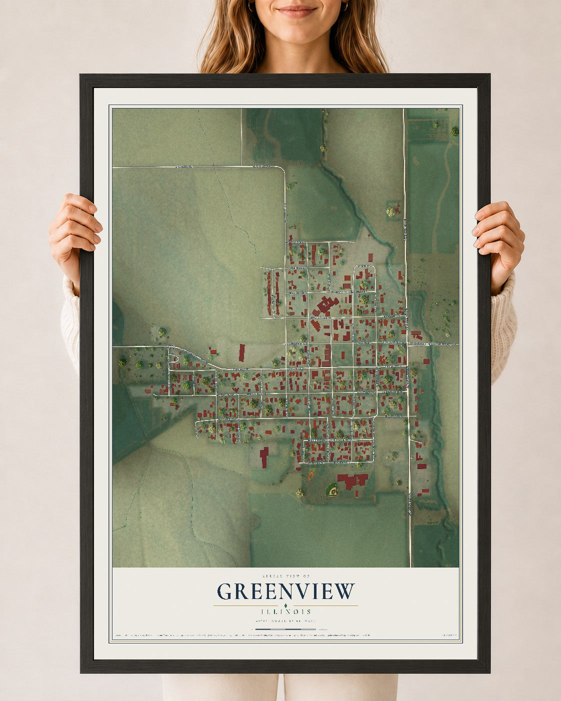 Map of Greenview, Illinois, 24 x 36 inch print in a black wood frame