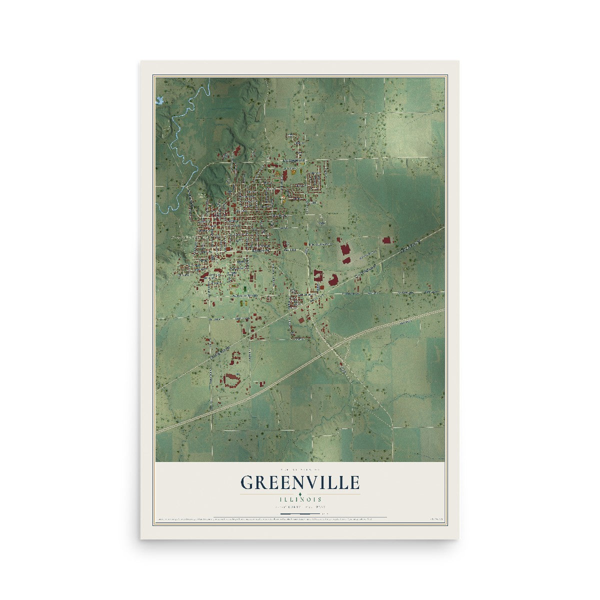 Map of Greenville, Illinois, 12 x 18 inch unframed archival matte print