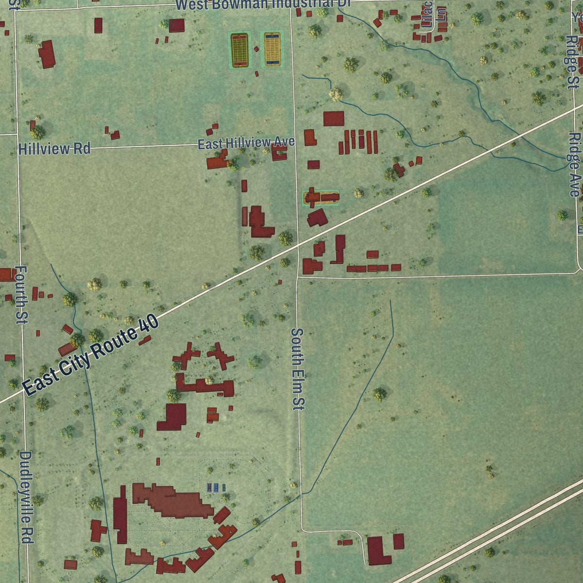 Second close-up of the map of Greenville, Illinois print showing more streets and buildings