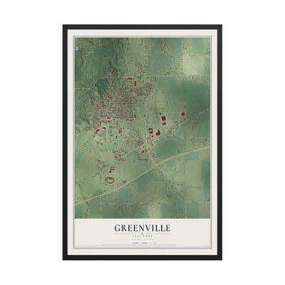 Map of Greenville, Illinois, 12 x 18 inch print in a black wood frame