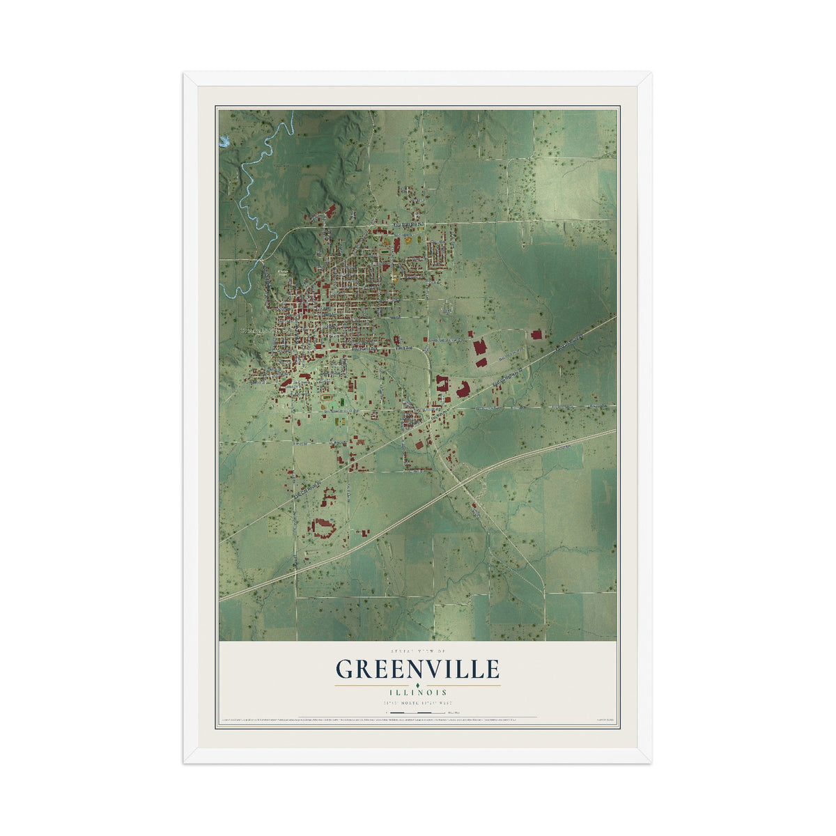 Map of Greenville, Illinois, 12 x 18 inch print in a white wood frame