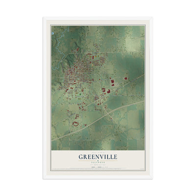 Map of Greenville, Illinois, 12 x 18 inch print in a white wood frame