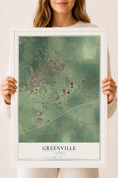 Map of Greenville, Illinois, 18 x 24 inch print in a white wood frame