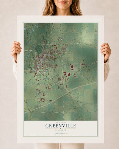 Map of Greenville, Illinois, 24 x 36 inch print in a white wood frame