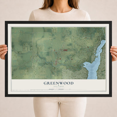 Map of Greenwood, Illinois, 18 x 24 inch print in a black wood frame