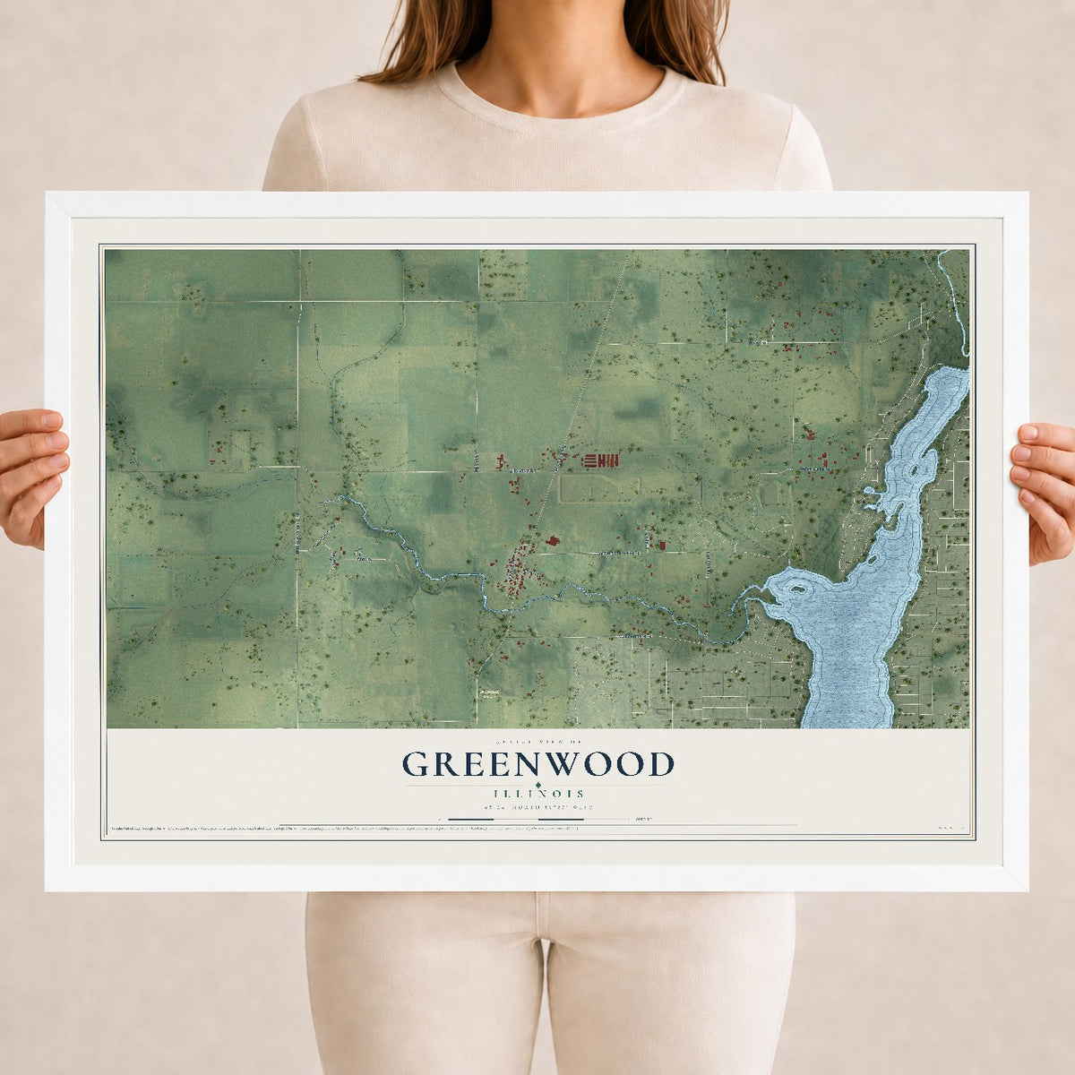 Map of Greenwood, Illinois, 18 x 24 inch print in a white wood frame