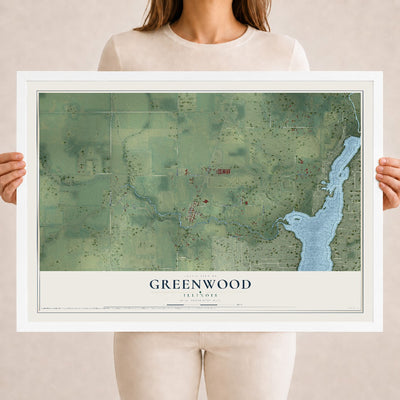Map of Greenwood, Illinois, 18 x 24 inch print in a white wood frame