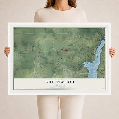 Map of Greenwood, Illinois, 24 x 36 inch print in a white wood frame
