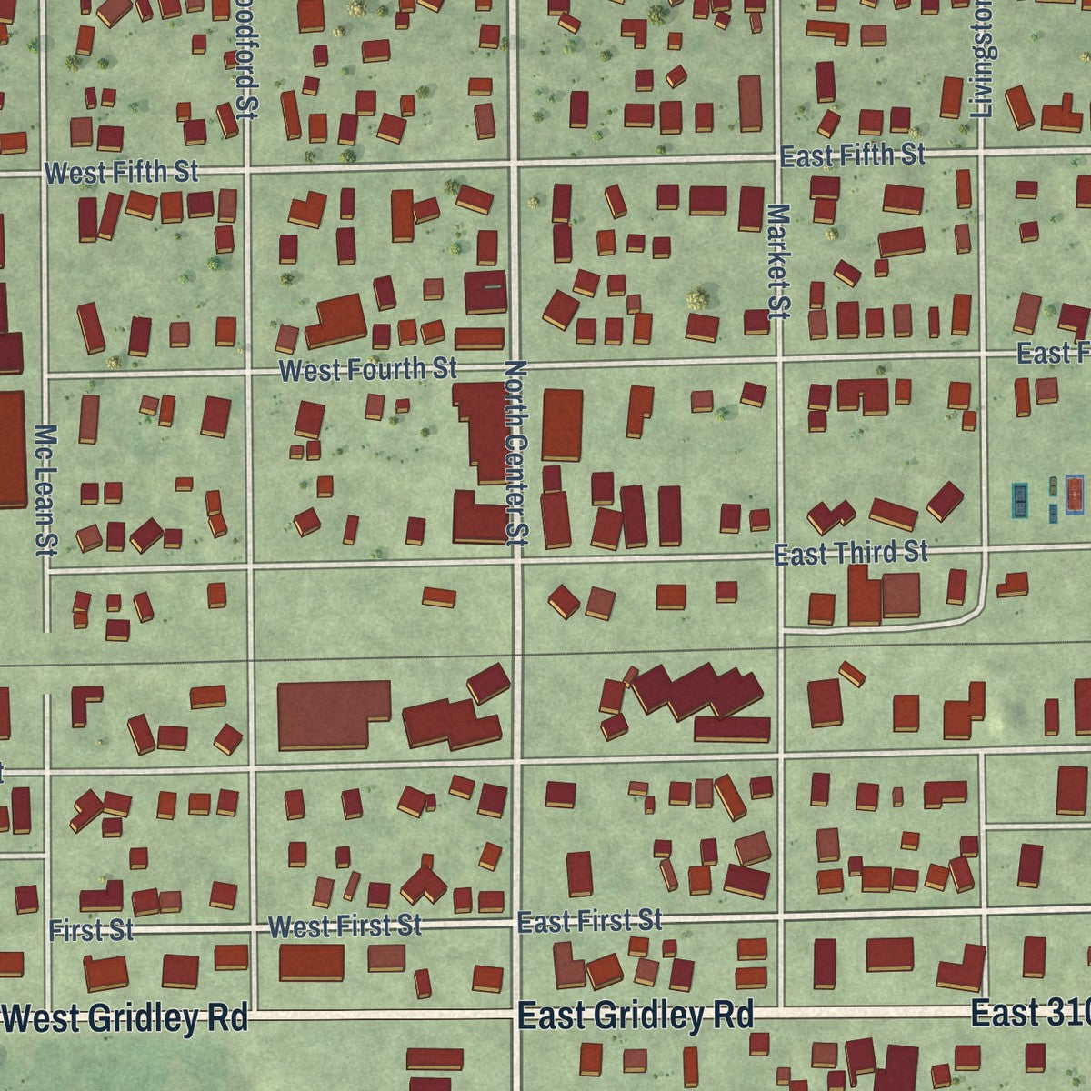 Close-up of the map of Gridley, Illinois print showing street and building detail