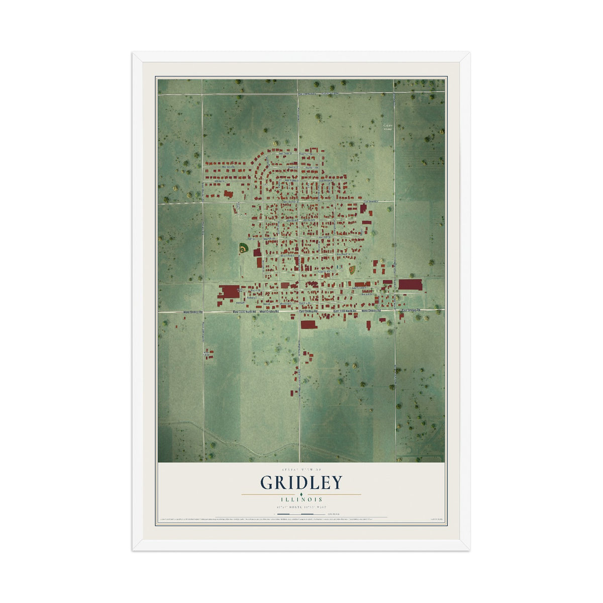 Map of Gridley, Illinois, 12 x 18 inch print in a white wood frame