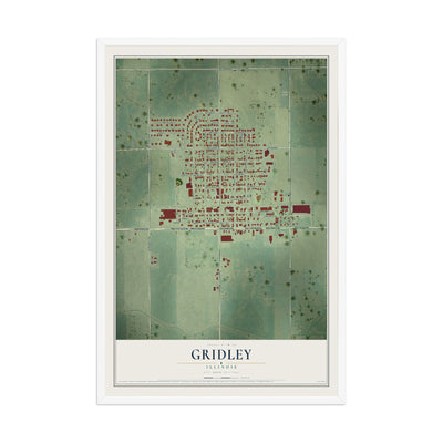 Map of Gridley, Illinois, 12 x 18 inch print in a white wood frame
