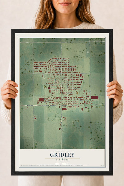 Map of Gridley, Illinois, 18 x 24 inch print in a black wood frame