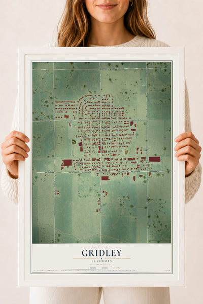 Map of Gridley, Illinois, 18 x 24 inch print in a white wood frame